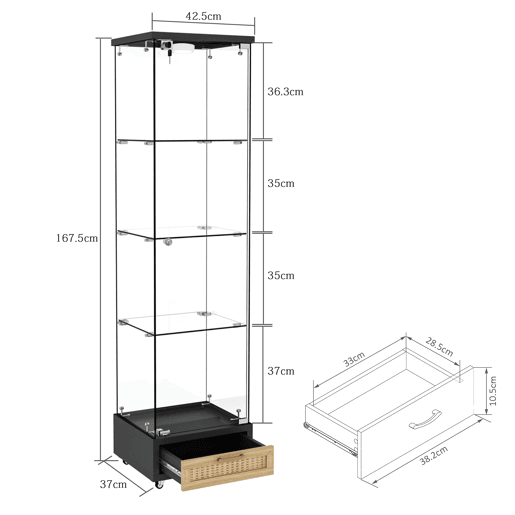 Vitrine moderna em vidro 167 x 42,5 x 36,5 cm - com LED, 1 porta e 4 prateleiras - preta Vitrine moderna em vidro 167 x 42,5 x 36,5 cm - com LED, 1 porta e 4 prateleiras - preta
