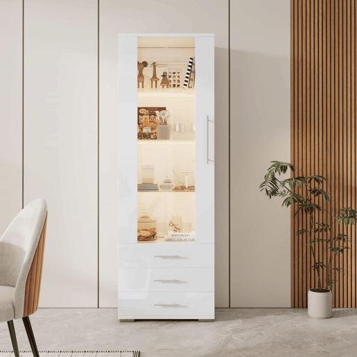 Vitrine de pé 60x35x180 cm - Vitrine de vidro com LED, vertical, com 3 gavetas - Branco Vitrine de pé 60x35x180 cm - Vitrine de vidro com LED, vertical, com 3 gavetas - Branco