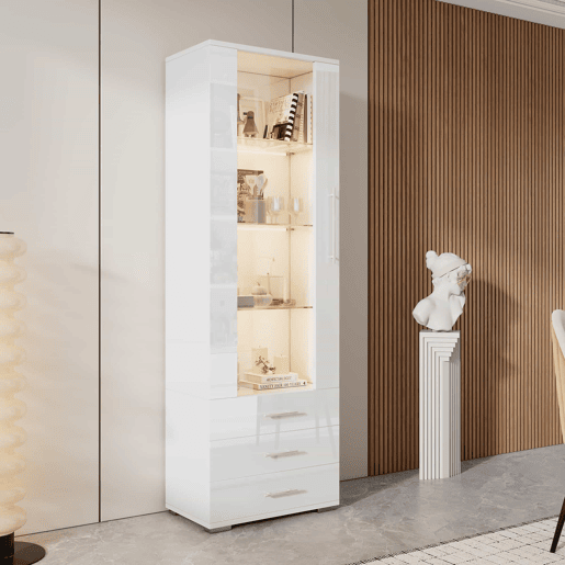 Vitrine de pé 60x35x180 cm - Vitrine de vidro com LED, vertical, com 3 gavetas - Branco Vitrine de pé 60x35x180 cm - Vitrine de vidro com LED, vertical, com 3 gavetas - Branco
