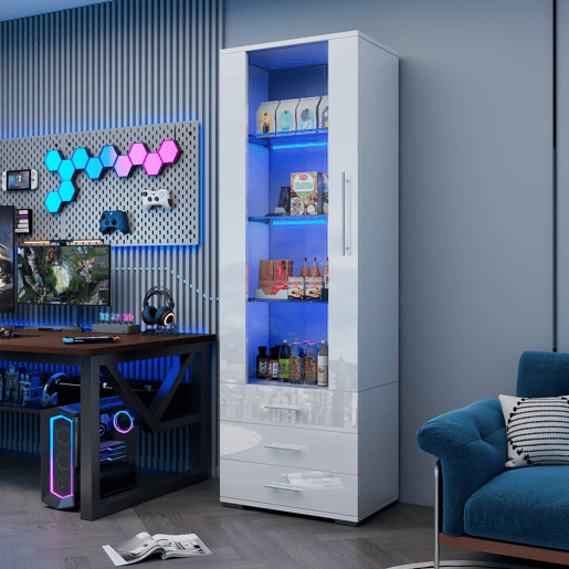 Vitrine de pé 60x35x180 cm - Vitrine de vidro com LED, vertical, com 3 gavetas - Branco Vitrine de pé 60x35x180 cm - Vitrine de vidro com LED, vertical, com 3 gavetas - Branco