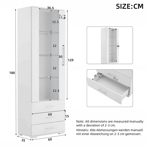Vitrine de pé 60x35x180 cm - Vitrine de vidro com LED, vertical, com 3 gavetas - Branco Vitrine de pé 60x35x180 cm - Vitrine de vidro com LED, vertical, com 3 gavetas - Branco