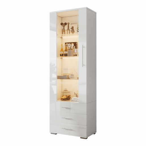 Vitrine de pé 60x35x180 cm - Vitrine de vidro com LED, vertical, com 3 gavetas - Branco Vitrine de pé 60x35x180 cm - Vitrine de vidro com LED, vertical, com 3 gavetas - Branco