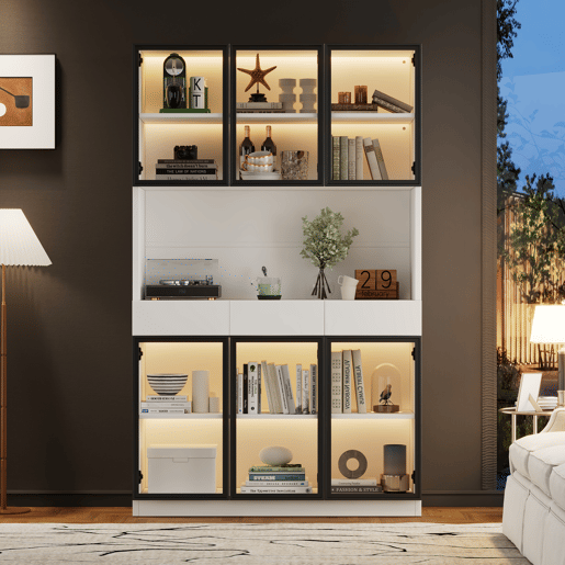Vitrine de vidro 200 cm - Estante multiusos com luzes LED - Branco Vitrine de vidro 200 cm - Estante multiusos com luzes LED - Branco