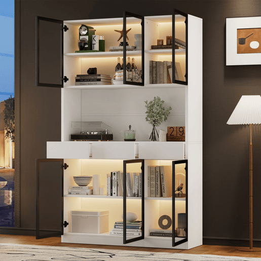 Vitrine de vidro 200 cm - Estante multiusos com luzes LED - Branco Vitrine de vidro 200 cm - Estante multiusos com luzes LED - Branco