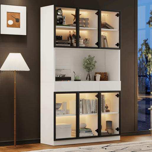 Vitrine de vidro 200 cm - Estante multiusos com luzes LED - Branco Vitrine de vidro 200 cm - Estante multiusos com luzes LED - Branco