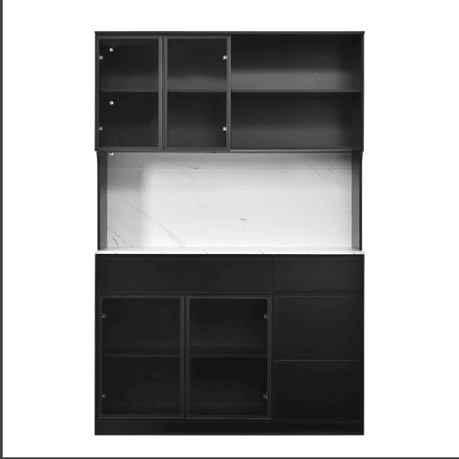 Vitrine alta com aparador - efeito mármore, vidro com iluminação LED, MDF, grande capacidade de arrumação - pretobranco Vitrine alta com aparador - efeito mármore, vidro com iluminação LED, MDF, grande capacidade de arrumação - pretobranco