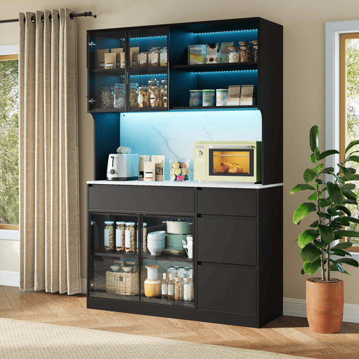 Vitrine alta com aparador - efeito mármore, vidro com iluminação LED, MDF, grande capacidade de arrumação - pretobranco Vitrine alta com aparador - efeito mármore, vidro com iluminação LED, MDF, grande capacidade de arrumação - pretobranco