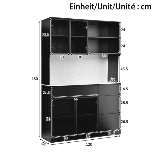 Vitrine alta com aparador - efeito mármore, vidro com iluminação LED, MDF, grande capacidade de arrumação - pretobranco Vitrine alta com aparador - efeito mármore, vidro com iluminação LED, MDF, grande capacidade de arrumação - pretobranco