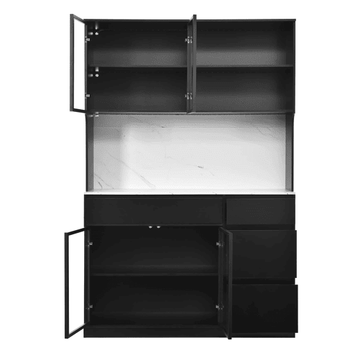 Vitrine alta com aparador - efeito mármore, vidro com iluminação LED, MDF, grande capacidade de arrumação - pretobranco Vitrine alta com aparador - efeito mármore, vidro com iluminação LED, MDF, grande capacidade de arrumação - pretobranco
