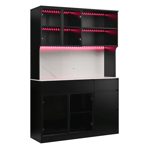 Vitrine alta com aparador - efeito mármore, vidro com iluminação LED, MDF, grande capacidade de arrumação - pretobranco Vitrine alta com aparador - efeito mármore, vidro com iluminação LED, MDF, grande capacidade de arrumação - pretobranco