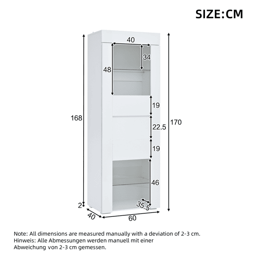 Vitrine 60x40x170 cm - Portas acrÃlicas, LED, 2 prateleiras de vidro, alto brilho - Branco Vitrine 60x40x170 cm - Portas acrÃlicas, LED, 2 prateleiras de vidro, alto brilho - Branco