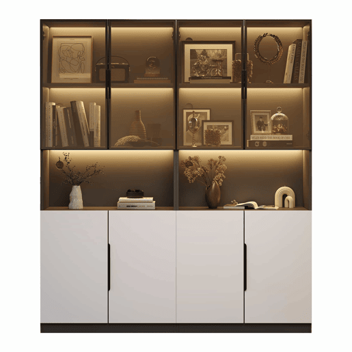 Vitrine moderna 30x160x200 cm - Portas de vidro, com LED, temperatura de cor ajustável - Branco com decoração preta Vitrine moderna 30x160x200 cm - Portas de vidro, com LED, temperatura de cor ajustável - Branco com decoração preta