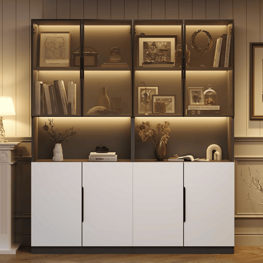 Vitrine moderna 30x160x200 cm - Portas de vidro, com LED, temperatura de cor ajustável - Branco com decoração preta Vitrine moderna 30x160x200 cm - Portas de vidro, com LED, temperatura de cor ajustável - Branco com decoração preta