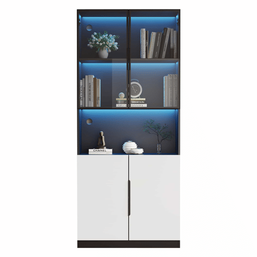 Vitrine moderna 30x160x200 cm - Portas de vidro, com LED, temperatura de cor ajustável - Branco com decoração preta Vitrine moderna 30x160x200 cm - Portas de vidro, com LED, temperatura de cor ajustável - Branco com decoração preta