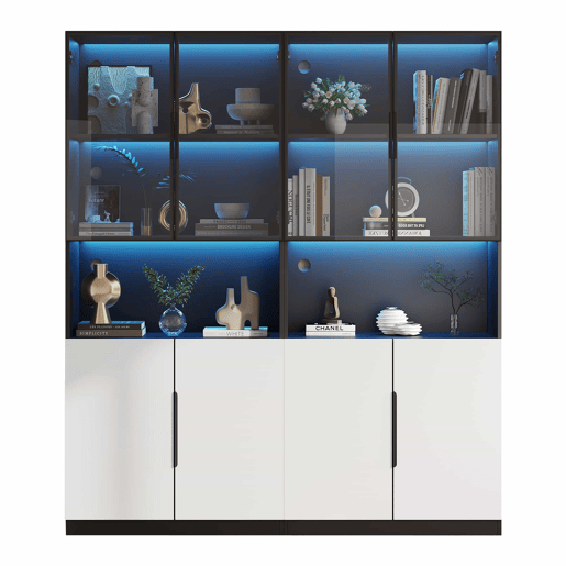 Vitrine moderna 30x160x200 cm - Portas de vidro, com LED, temperatura de cor ajustável - Branco com decoração preta Vitrine moderna 30x160x200 cm - Portas de vidro, com LED, temperatura de cor ajustável - Branco com decoração preta