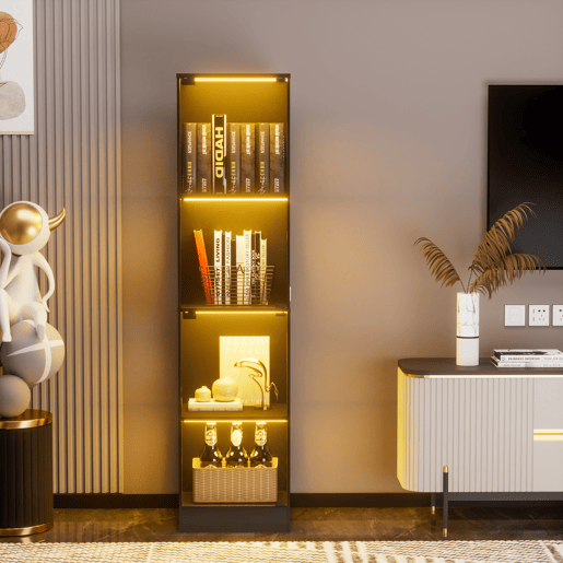 Vitrine de vidro 40 x 35 x 165 cm - 4 prateleiras, LED, portas de vidro, sensor inteligente - Preto Vitrine de vidro 40 x 35 x 165 cm - 4 prateleiras, LED, portas de vidro, sensor inteligente - Preto