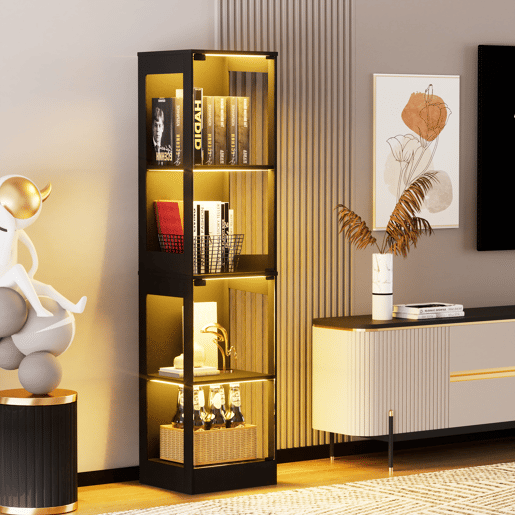 Vitrine de vidro 40 x 35 x 165 cm - 4 prateleiras, LED, portas de vidro, sensor inteligente - Preto Vitrine de vidro 40 x 35 x 165 cm - 4 prateleiras, LED, portas de vidro, sensor inteligente - Preto