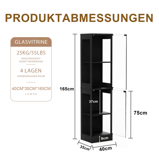 Vitrine de vidro 40 x 35 x 165 cm - 4 prateleiras, LED, portas de vidro, sensor inteligente - Preto Vitrine de vidro 40 x 35 x 165 cm - 4 prateleiras, LED, portas de vidro, sensor inteligente - Preto