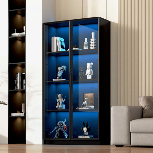 Vitrine de vidro 80x40x160 cm - Vitrine de porta dupla com iluminação LED APP, prateleiras móveis - Cor preta Vitrine de vidro 80x40x160 cm - Vitrine de porta dupla com iluminação LED APP, prateleiras móveis - Cor preta