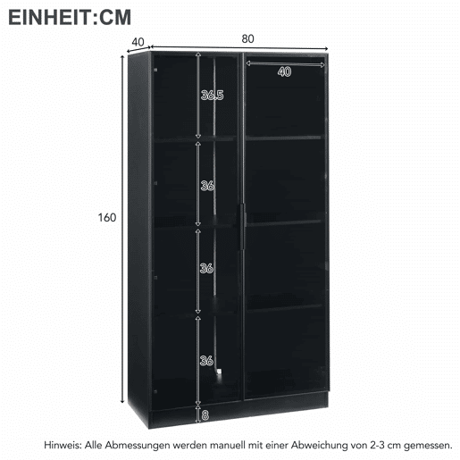 Vitrine de vidro 80x40x160 cm - Vitrine de porta dupla com iluminação LED APP, prateleiras móveis - Cor preta Vitrine de vidro 80x40x160 cm - Vitrine de porta dupla com iluminação LED APP, prateleiras móveis - Cor preta
