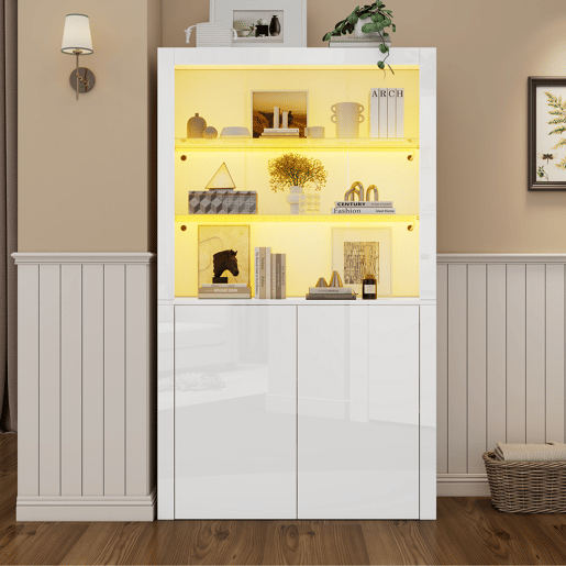 Aparador para sofá 100x35x170 cm - Armário de arrumação de alto brilho com luzes LED, vitrina com vidro temperado - Branco