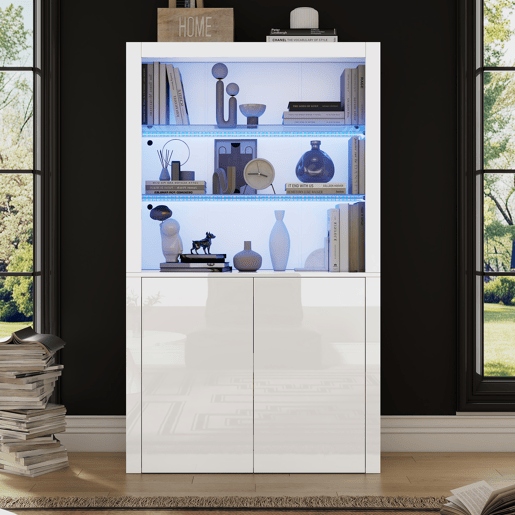 Aparador para sofá 100x35x170 cm - Armário de arrumação de alto brilho com luzes LED, vitrina com vidro temperado - Branco