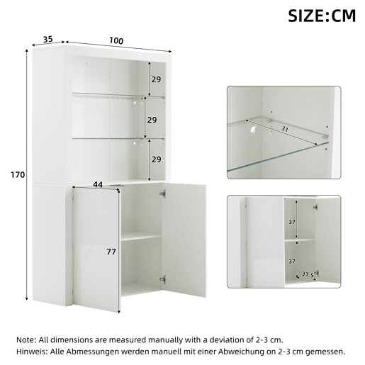 Aparador para sofá 100x35x170 cm - Armário de arrumação de alto brilho com luzes LED, vitrina com vidro temperado - Branco