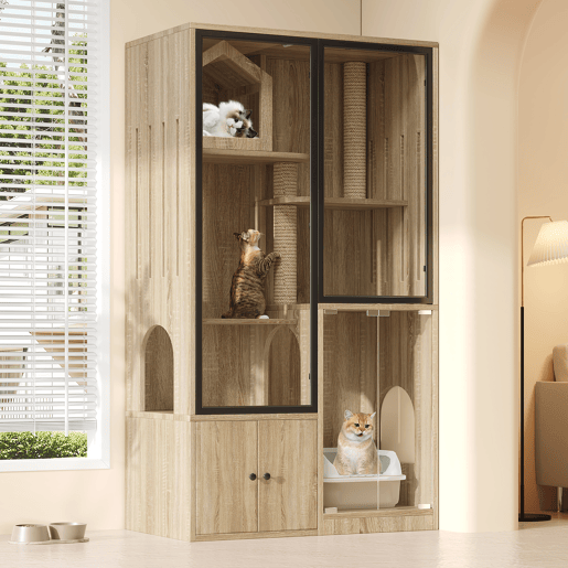 Casa para gatos 90x50x160 cm - 4 andares, resistente ao inverno, com poste para arranhar - Natural Casa para gatos 90x50x160 cm - 4 andares, resistente ao inverno, com poste para arranhar - Natural