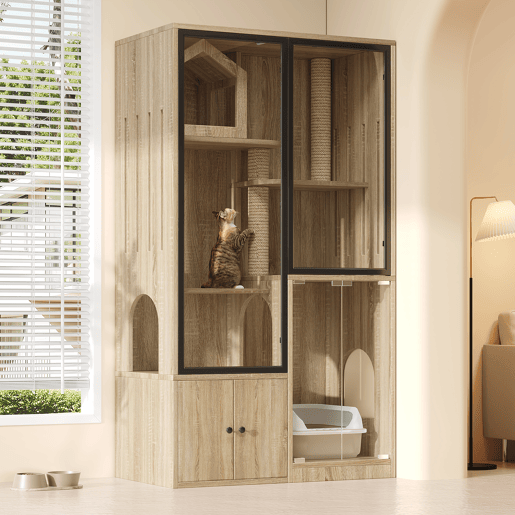 Casa para gatos 90x50x160 cm - 4 andares, resistente ao inverno, com poste para arranhar - Natural Casa para gatos 90x50x160 cm - 4 andares, resistente ao inverno, com poste para arranhar - Natural