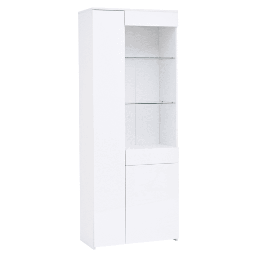 Vitrine 70x35x180 cm - Altura brilhante, vidro com LED, gavetas, armazenamento - Branco