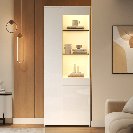 Vitrine 70x35x180 cm - Altura brilhante, vidro com LED, gavetas, armazenamento - Branco