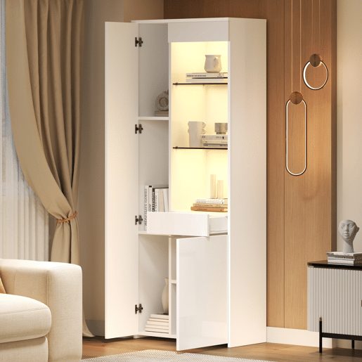 Vitrine 70x35x180 cm - Altura brilhante, vidro com LED, gavetas, armazenamento - Branco