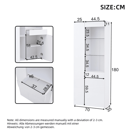 Vitrine 70x35x180 cm - Altura brilhante, vidro com LED, gavetas, armazenamento - Branco