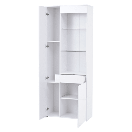 Vitrine 70x35x180 cm - Altura brilhante, vidro com LED, gavetas, armazenamento - Branco