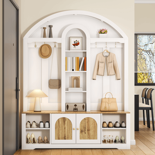 Armário de entrada 100x50 cm - multifuncional com sapateira, prateleiras e ganchos - Branco Armário de entrada 100x50 cm - multifuncional com sapateira, prateleiras e ganchos - Branco