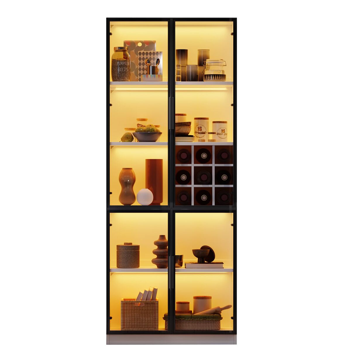 Vitrina 80x35x200 cm - puertas de vidrio, led, estantes y portabotellas - blanco
