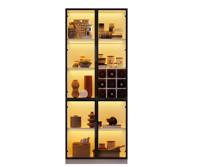 Vitrina 80x35x200 cm - puertas de vidrio, led, estantes y portabotellas - blanco