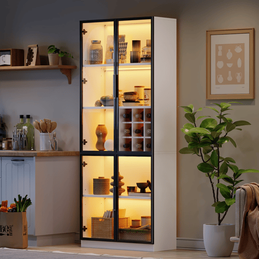 Vitrine 80x35x200 cm - Portas de vidro, LED, prateleiras e porta-garrafas - Branco