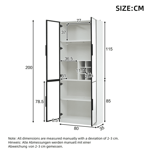 Vitrine 80x35x200 cm - Portas de vidro, LED, prateleiras e porta-garrafas - Branco