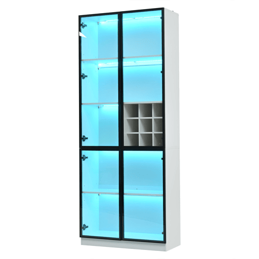Vitrine 80x35x200 cm - Portas de vidro, LED, prateleiras e porta-garrafas - Branco