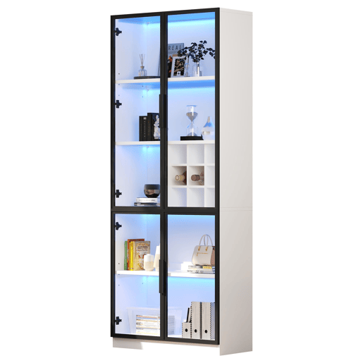 Vitrine 80x35x200 cm - Portas de vidro, LED, prateleiras e porta-garrafas - Branco