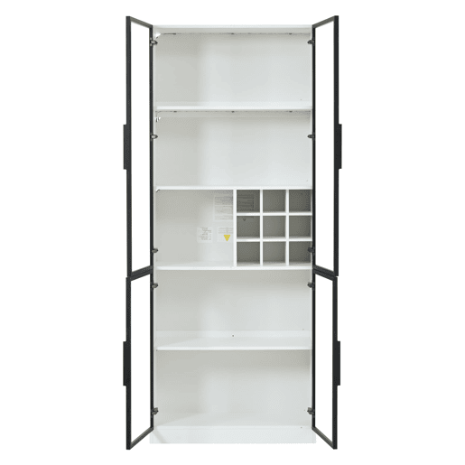 Vitrine 80x35x200 cm - Portas de vidro, LED, prateleiras e porta-garrafas - Branco