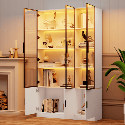 Vitrine 120x32x200 cm - 6 portas, vidro com LED, móvel multifuncional - Branco Vitrine 120x32x200 cm - 6 portas, vidro com LED, móvel multifuncional - Branco