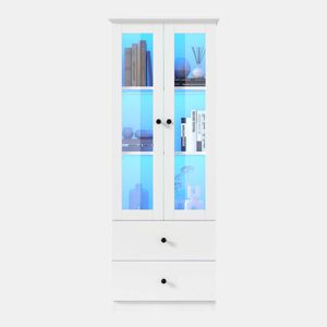 Vitrine LED moderna 165 cm - com USB, comando remoto 16 cores, 2 gavetas, prateleiras ajustáveis, portas basculantes - branco mate