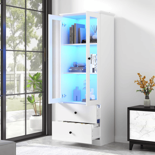 Vitrine LED moderna 165 cm - com USB, comando remoto 16 cores, 2 gavetas, prateleiras ajustáveis, portas basculantes - branco mate Vitrine LED moderna 165 cm - com USB, comando remoto 16 cores, 2 gavetas, prateleiras ajustáveis, portas basculantes - branco mate