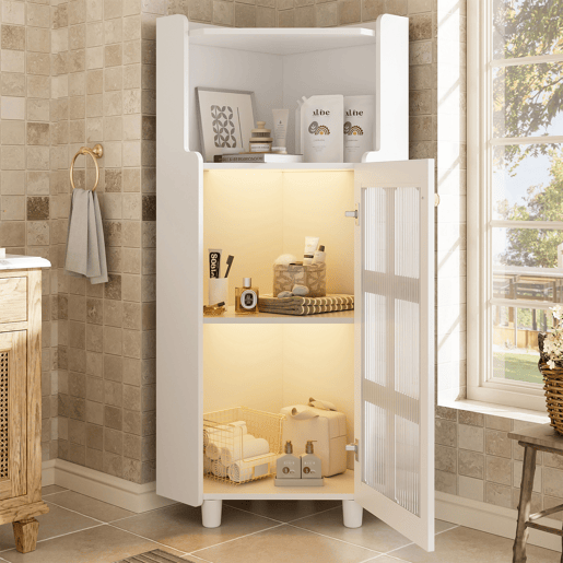 Armário de canto 63,5 x 124 cm - superfície lacada com iluminação LED e controlo por aplicação, design moderno e multifuncional - branco Armário de canto 63,5 x 124 cm - superfície lacada com iluminação LED e controlo por aplicação, design moderno e multifuncional - branco
