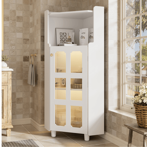 Armário de canto 63,5 x 124 cm - superfície lacada com iluminação LED e controlo por aplicação, design moderno e multifuncional - branco Armário de canto 63,5 x 124 cm - superfície lacada com iluminação LED e controlo por aplicação, design moderno e multifuncional - branco