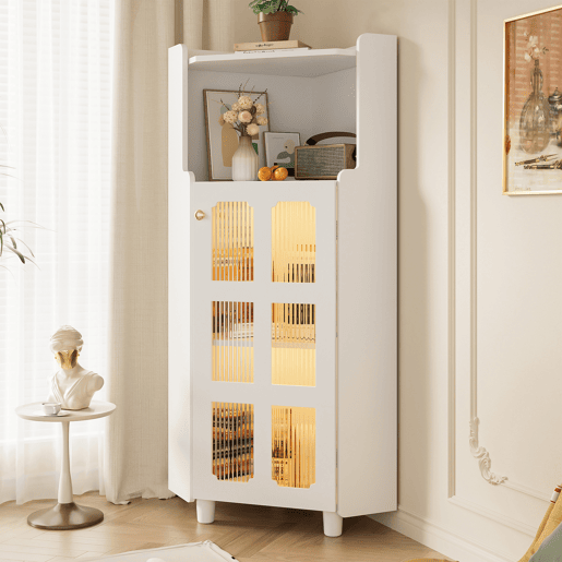 Armário de canto 63,5 x 124 cm - superfície lacada com iluminação LED e controlo por aplicação, design moderno e multifuncional - branco Armário de canto 63,5 x 124 cm - superfície lacada com iluminação LED e controlo por aplicação, design moderno e multifuncional - branco