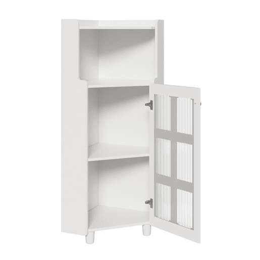 Armário de canto 63,5 x 124 cm - superfície lacada com iluminação LED e controlo por aplicação, design moderno e multifuncional - branco Armário de canto 63,5 x 124 cm - superfície lacada com iluminação LED e controlo por aplicação, design moderno e multifuncional - branco
