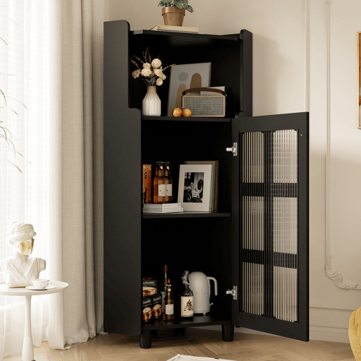 Armário de canto 63,5 x 124 cm - superfície lacada, iluminação LED, controlo por aplicação, design moderno multifuncional - preto Armário de canto 63,5 x 124 cm - superfície lacada, iluminação LED, controlo por aplicação, design moderno multifuncional - preto